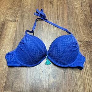 Aerie Women’s Blue Lace Underwire Push Up Halter Bikini Top Size 36C Tassel